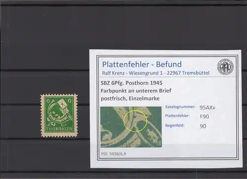 SBZ 1945 PLATTENFEHLER Nr 95AXv F90 postfrisch (213893)