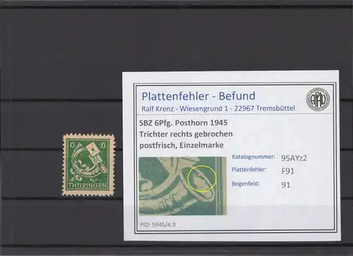 SBZ 1945 PLATTENFEHLER Nr 95AYz2 F91 postfrisch (213900)