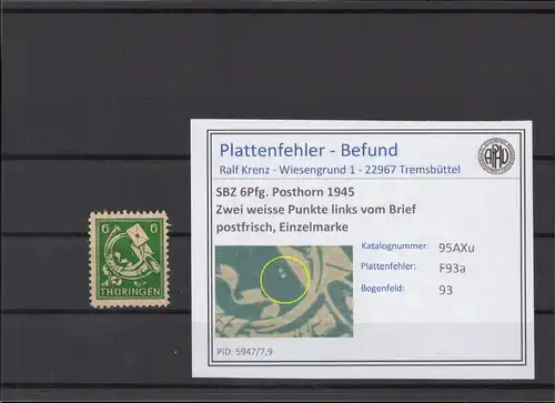 SBZ 1945 PLATTENFEHLER Nr 95AXu F93a postfrisch (213902)