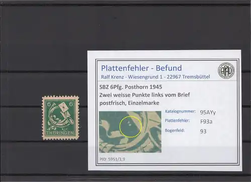 SBZ 1945 PLATTENFEHLER Nr 95AYy F93a postfrisch (213906)