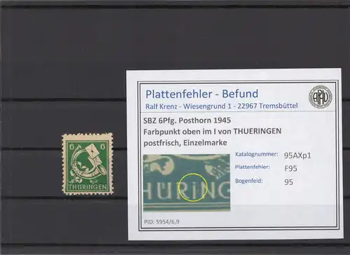 SBZ 1945 PLATTENFEHLER Nr 95AXp1 F95 postfrisch (213909)