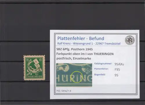 SBZ 1945 PLATTENFEHLER Nr 95AXu F95 postfrisch (213911)