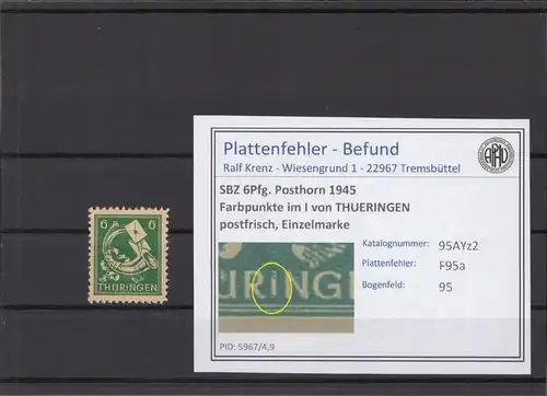 SBZ 1945 PLATTENFEHLER Nr 95AYz2 F95a postfrisch (213922)