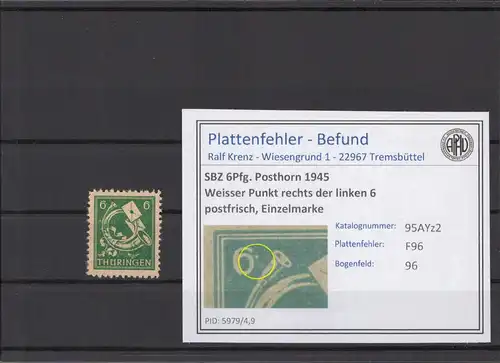 SBZ 1945 PLATTENFEHLER Nr 95AYz2 F96 postfrisch (213934)