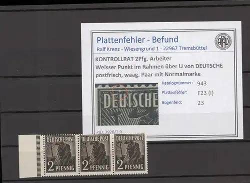 KONTROLLRAT 1947 PLATTENFEHLER Nr 943 I postfrisch (214430)