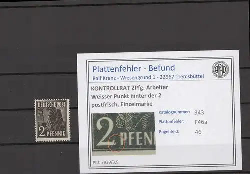 KONTROLLRAT 1947 PLATTENFEHLER Nr 943 F46a postfrisch (214439)