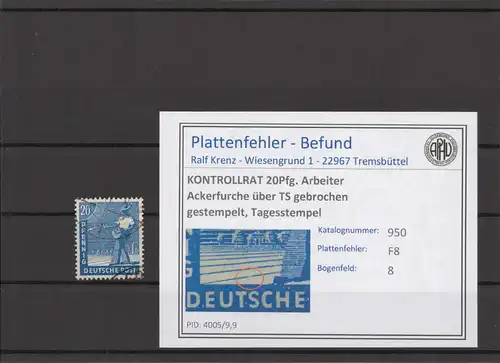 KONTROLLRAT 1947 PLATTENFEHLER Nr 950 F8 gestempelt (214487)