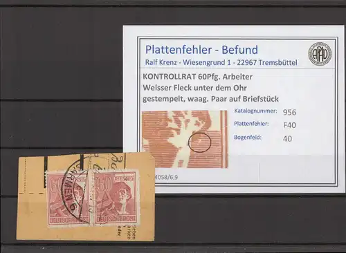 KONTROLLRAT 1947 PLATTENFEHLER Nr 956 F40 gestempelt (214522)