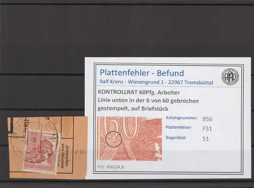 KONTROLLRAT 1947 PLATTENFEHLER Nr 956 F51 gestempelt (214527)