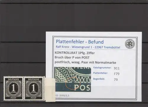 KONTROLLRAT 1947 PLATTENFEHLER Nr 911 F79 postfrisch (214547)