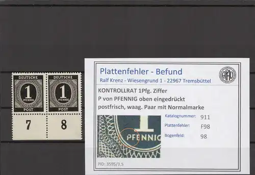 KONTROLLRAT 1947 PLATTENFEHLER Nr 911 F98 postfrisch (214549)