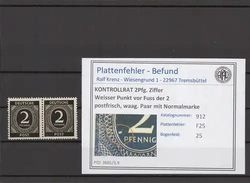 KONTROLLRAT 1947 PLATTENFEHLER Nr 912 F25 postfrisch (214555)