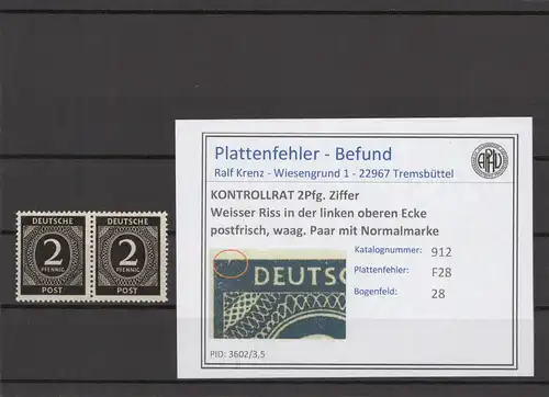 KONTROLLRAT 1947 PLATTENFEHLER Nr 912 F28 postfrisch (214556)