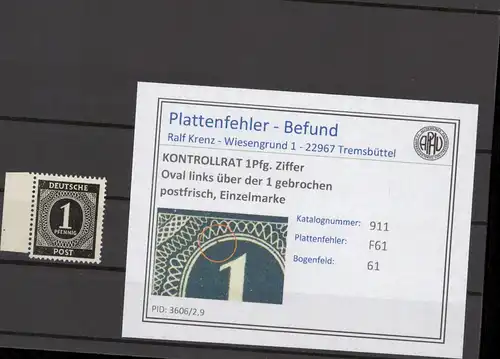 KONTROLLRAT 1947 PLATTENFEHLER Nr 911 F61 postfrisch (214559)