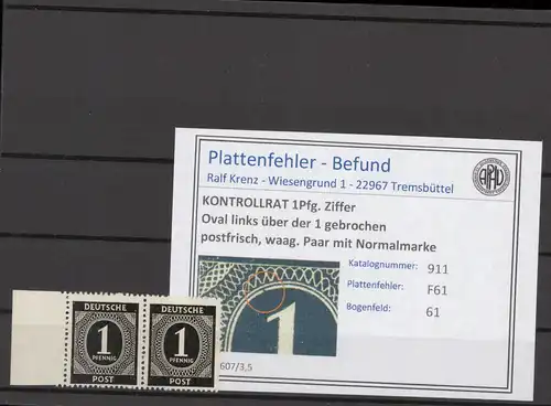 KONTROLLRAT 1947 PLATTENFEHLER Nr 911 F61 postfrisch (214560)