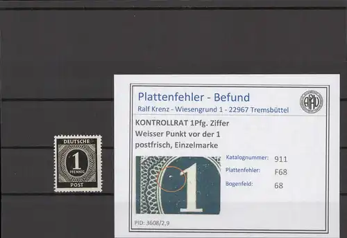 KONTROLLRAT 1947 PLATTENFEHLER Nr 911 F68 postfrisch (214561)