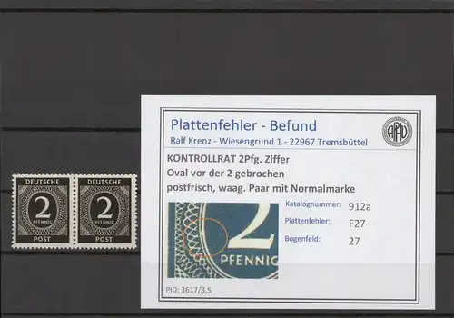 KONTROLLRAT 1947 PLATTENFEHLER Nr 912 F27 postfrisch (214570)
