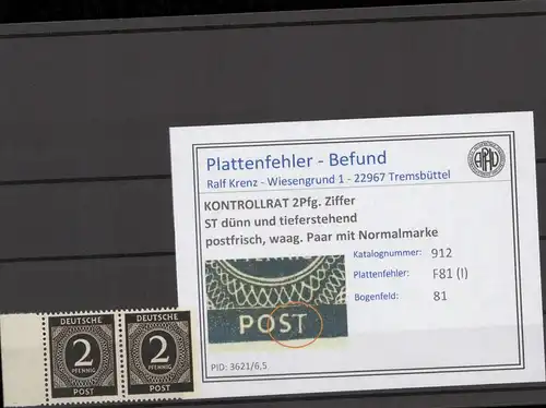 KONTROLLRAT 1947 PLATTENFEHLER Nr 912 I postfrisch (214574)