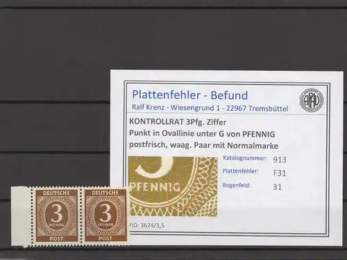 KONTROLLRAT 1947 PLATTENFEHLER Nr 913 F31 postfrisch (214577)