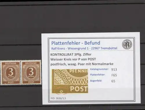 KONTROLLRAT 1947 PLATTENFEHLER Nr 913 F65 postfrisch (214578)