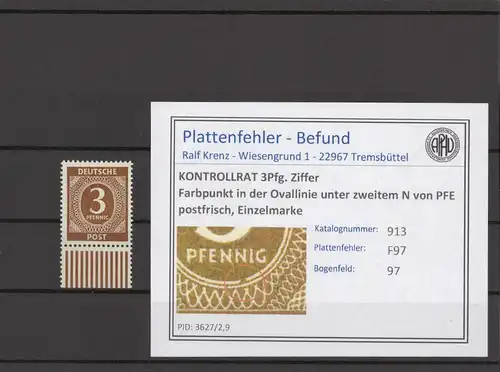 KONTROLLRAT 1947 PLATTENFEHLER Nr 913 F97 postfrisch (214579)