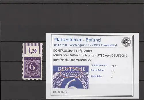 KONTROLLRAT 1947 PLATTENFEHLER Nr 916 F2 postfrisch (214581)