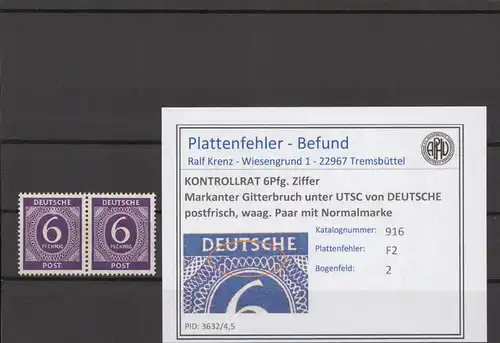 KONTROLLRAT 1947 PLATTENFEHLER Nr 916 F2 postfrisch (214582)
