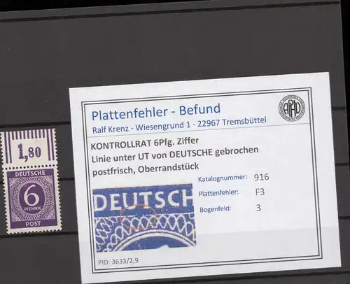 KONTROLLRAT 1947 PLATTENFEHLER Nr 916 F3 postfrisch (214583)