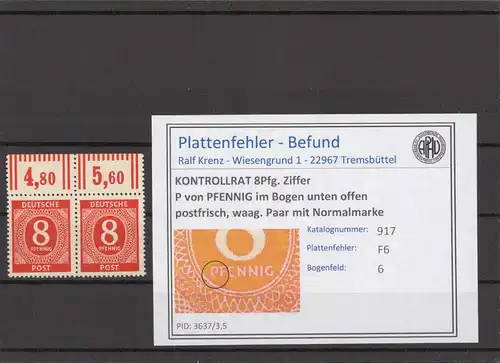 KONTROLLRAT 1947 PLATTENFEHLER Nr 917 F6 postfrisch (214586)