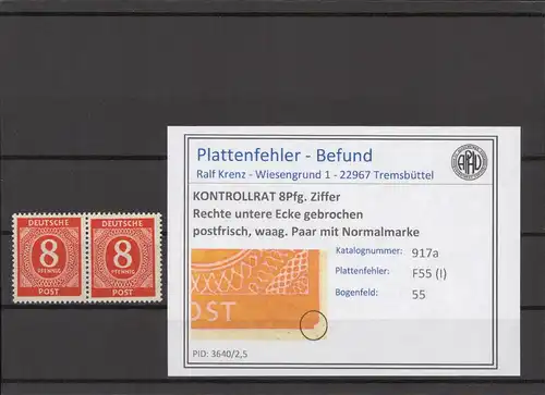 KONTROLLRAT 1947 PLATTENFEHLER Nr 917 I postfrisch (214589)
