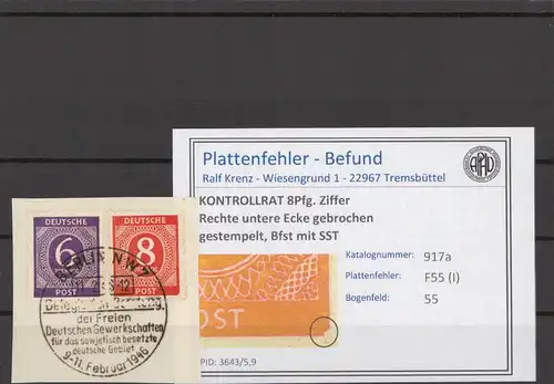 KONTROLLRAT 1947 PLATTENFEHLER Nr 917 I gestempelt (214592)