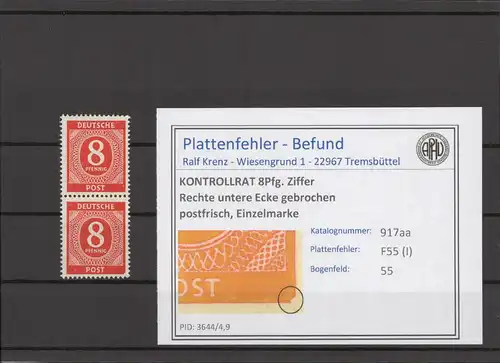 KONTROLLRAT 1947 PLATTENFEHLER Nr 917aa I postfrisch (214593)
