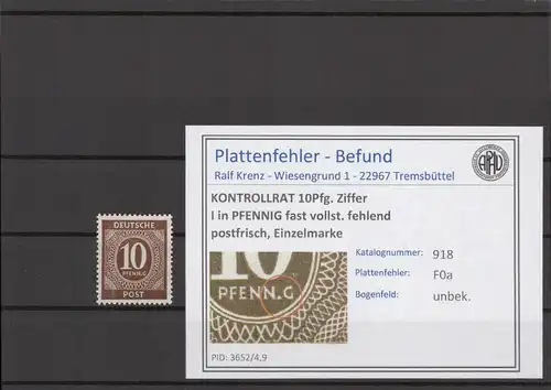 KONTROLLRAT 1947 PLATTENFEHLER Nr 918 postfrisch (214599)