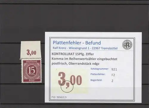 KONTROLLRAT 1947 PLATTENFEHLER Nr 921 F2 postfrisch (214601)