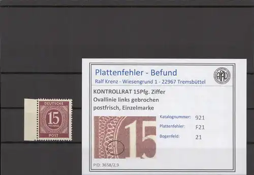 KONTROLLRAT 1947 PLATTENFEHLER Nr 921 F21 postfrisch (214603)