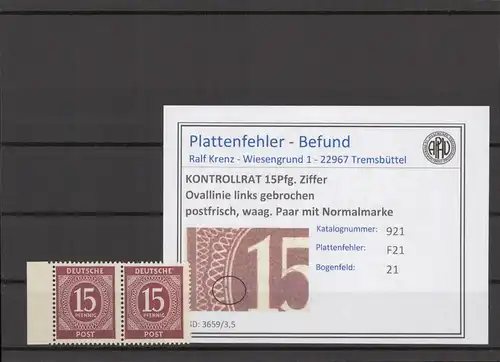 KONTROLLRAT 1947 PLATTENFEHLER Nr 921 F21 postfrisch (214604)