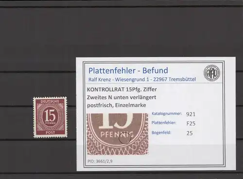 KONTROLLRAT 1947 PLATTENFEHLER Nr 921 F25 postfrisch (214606)