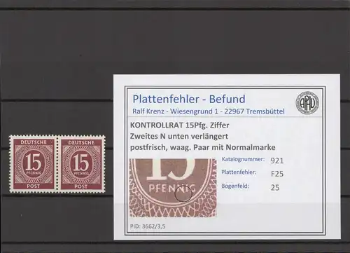 KONTROLLRAT 1947 PLATTENFEHLER Nr 921 F25 postfrisch (214607)