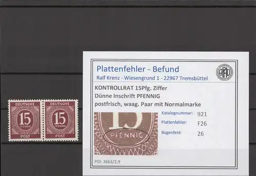 KONTROLLRAT 1947 PLATTENFEHLER Nr 921 F26 postfrisch (214608)