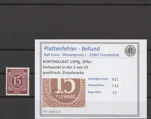 KONTROLLRAT 1947 PLATTENFEHLER Nr 921 F33 postfrisch (214609)