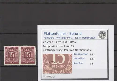 KONTROLLRAT 1947 PLATTENFEHLER Nr 921 F33 postfrisch (214610)