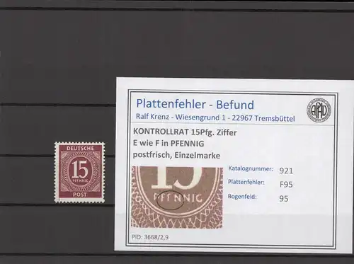 KONTROLLRAT 1947 PLATTENFEHLER Nr 921 F95 postfrisch (214613)