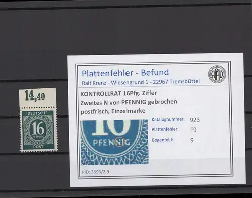 KONTROLLRAT 1947 PLATTENFEHLER Nr 923 F9 postfrisch (214635)
