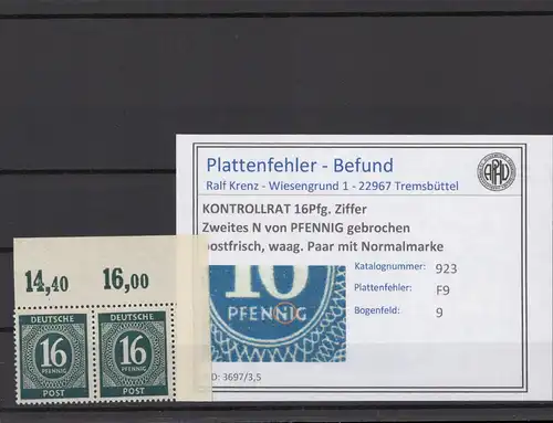 KONTROLLRAT 1947 PLATTENFEHLER Nr 923 F9 postfrisch (214636)