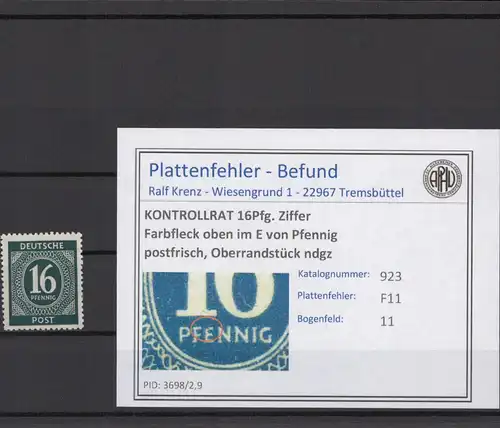 KONTROLLRAT 1947 PLATTENFEHLER Nr 923 F11 postfrisch (214637)