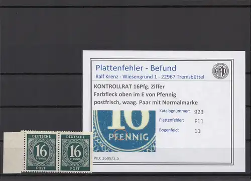 KONTROLLRAT 1947 PLATTENFEHLER Nr 923 F11 postfrisch (214638)
