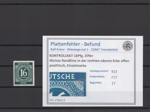 KONTROLLRAT 1947 PLATTENFEHLER Nr 923 F17 postfrisch (214639)