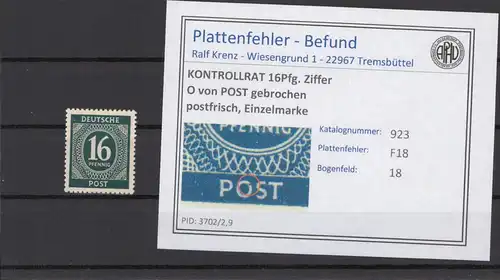 KONTROLLRAT 1947 PLATTENFEHLER Nr 923 F18 postfrisch (214641)