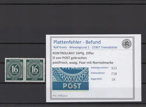 KONTROLLRAT 1947 PLATTENFEHLER Nr 923 F18 postfrisch (214642)
