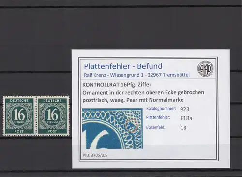 KONTROLLRAT 1947 PLATTENFEHLER Nr 923 F18a postfrisch (214644)